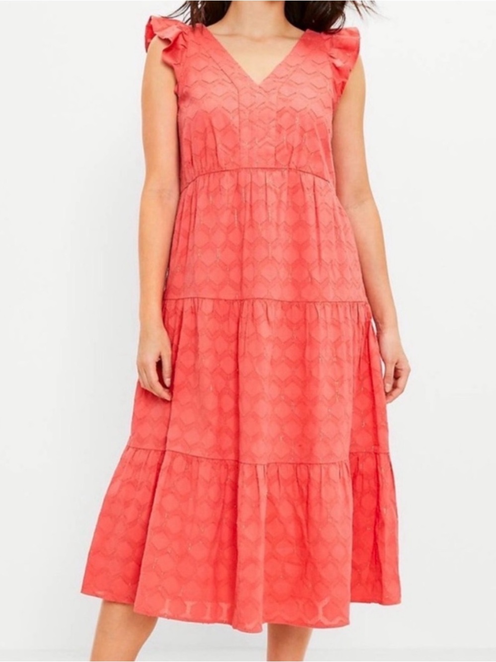 LOFT Vibrant Orange Eyelet Maxi Dress with V-Neck